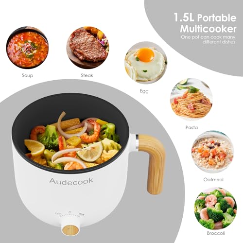 Audecook 1.5L Portable Electric Hot Pot for Ramen, Pasta, Soup, and More (White)