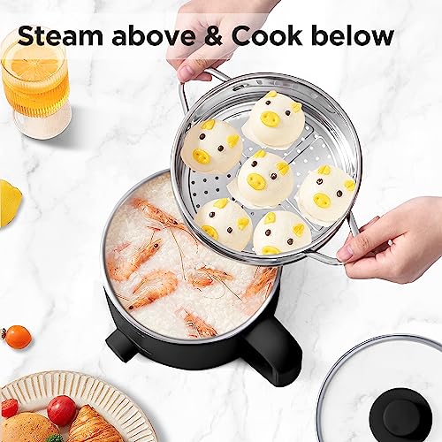 1.6L Electric Hot Pot with Steamer, Dual Power Control (Black)